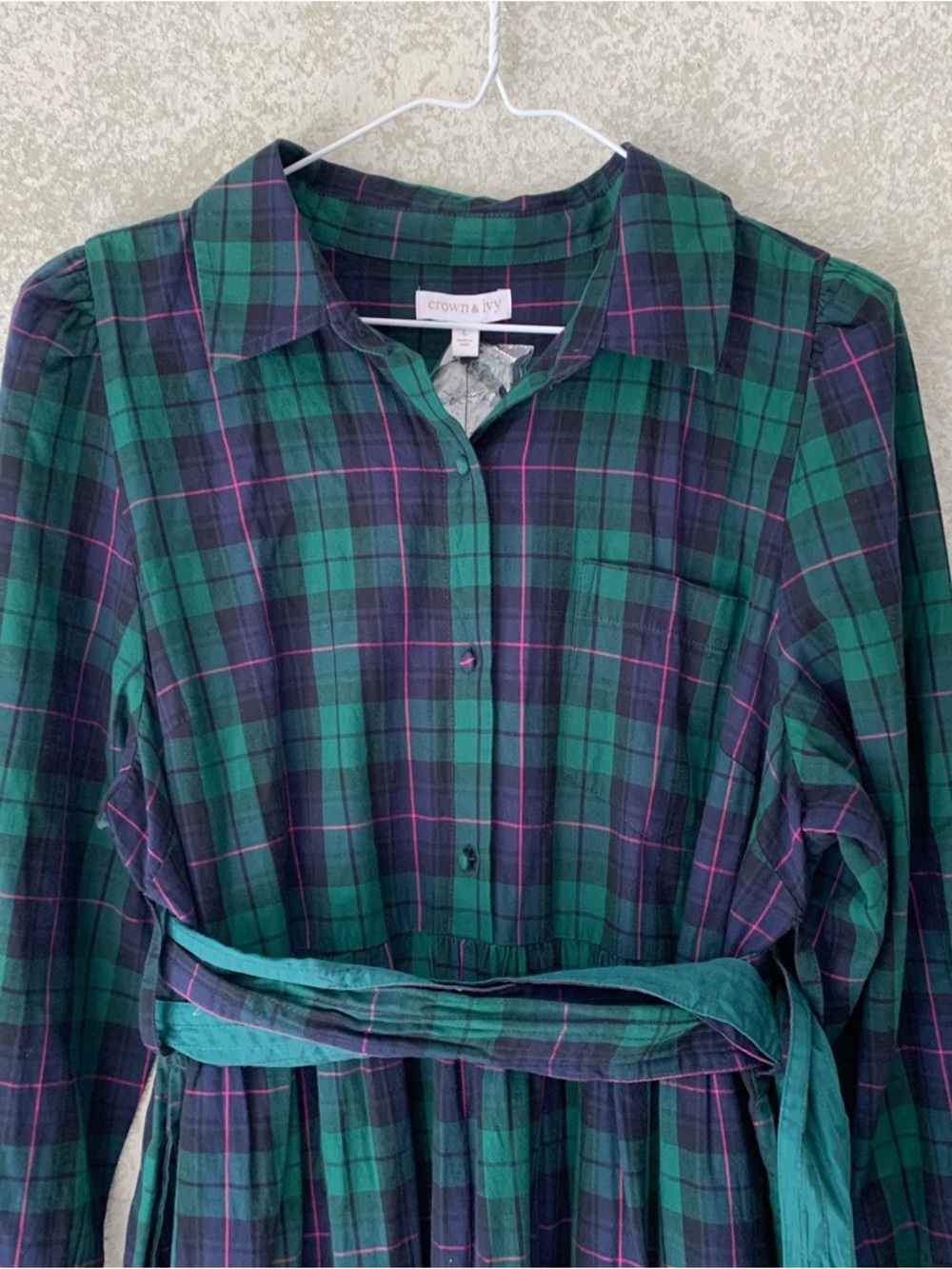 crown & ivy Green Navy Plaid Long-Sleeve Shirt Dress L NWT Tie Belt Preppy Chic